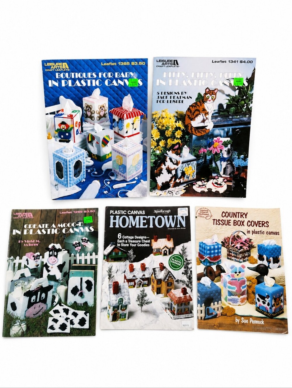 Lot of 5 Vintage Plastic Canvas Pattern Books Tissue Box Covers Hometown Cats